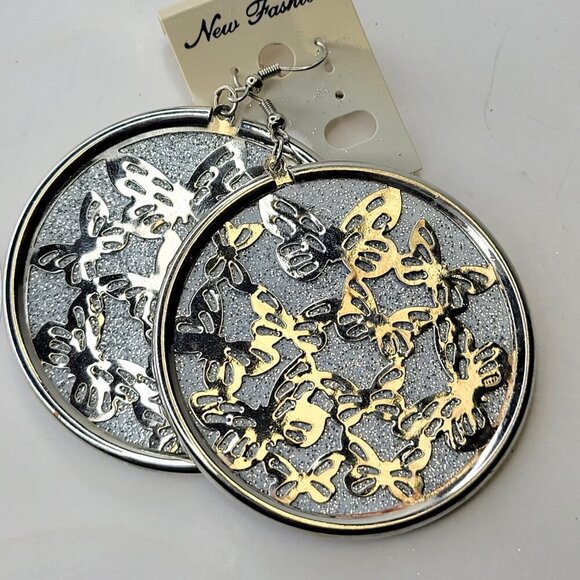 Silver Butterfly Earrings Silver Glitter Large Round Earrings Butterfly Earrings - Picture 5 of 5